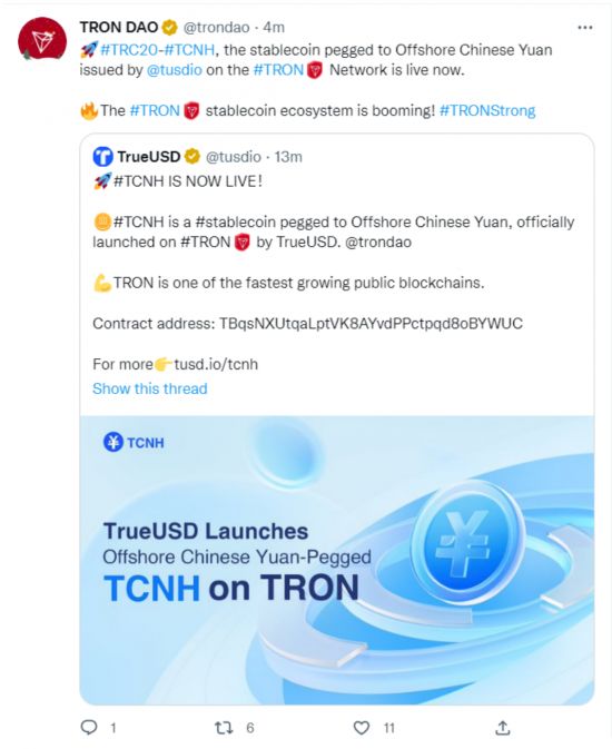 TrueUSD在波场Tron推出离岸人民币稳定币TCNH